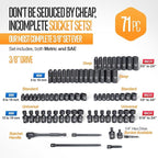 TIGHTSPOT 3/8" Drive 71pc Impact Socket Master Set Inch Metric 1/4"-3/4" 6-19mm CR-V CR-MO Universal Joint Deep Standard Sockets 90-Tooth Ratchet Extensions Heavy Duty Mechanic Tool Kit