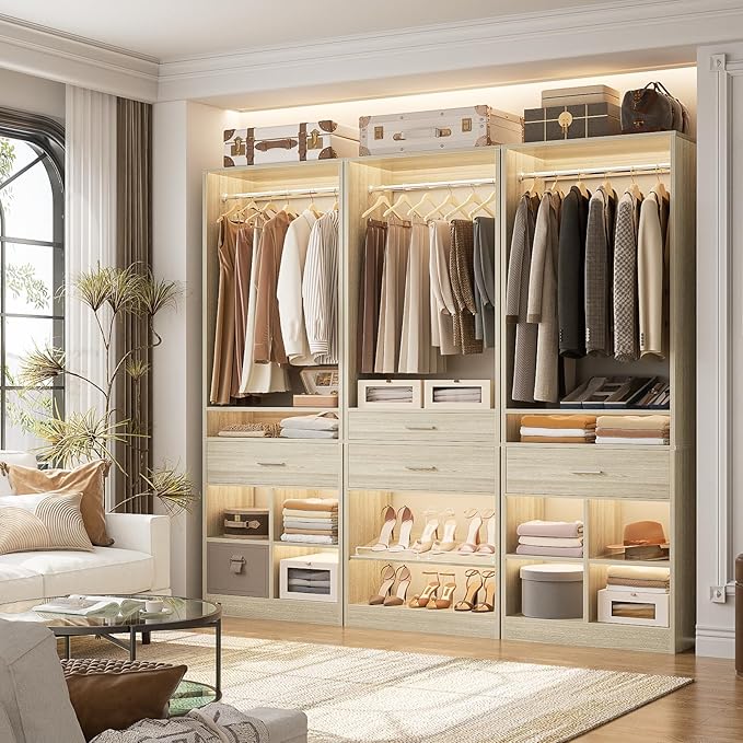 Unikito 50” W x 80'' H Closet Organizer Storage System with 2 Hanging Rod and 2 Wooden Drawers, Adjustable Shoes Rack, 4 Cubby Storage, Walk-in Closet Tower for Bedroom, Mudroom, Entryway, White Oak