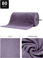 80 Pack Microfiber Cleaning Cloth Roll,Lint Free Rags & Tear Away Reusable Towels Washable Scratch,Ultra Absorbent Dish Rags(12" x 12") for Car Kitchen Home Garage-Dark Purple