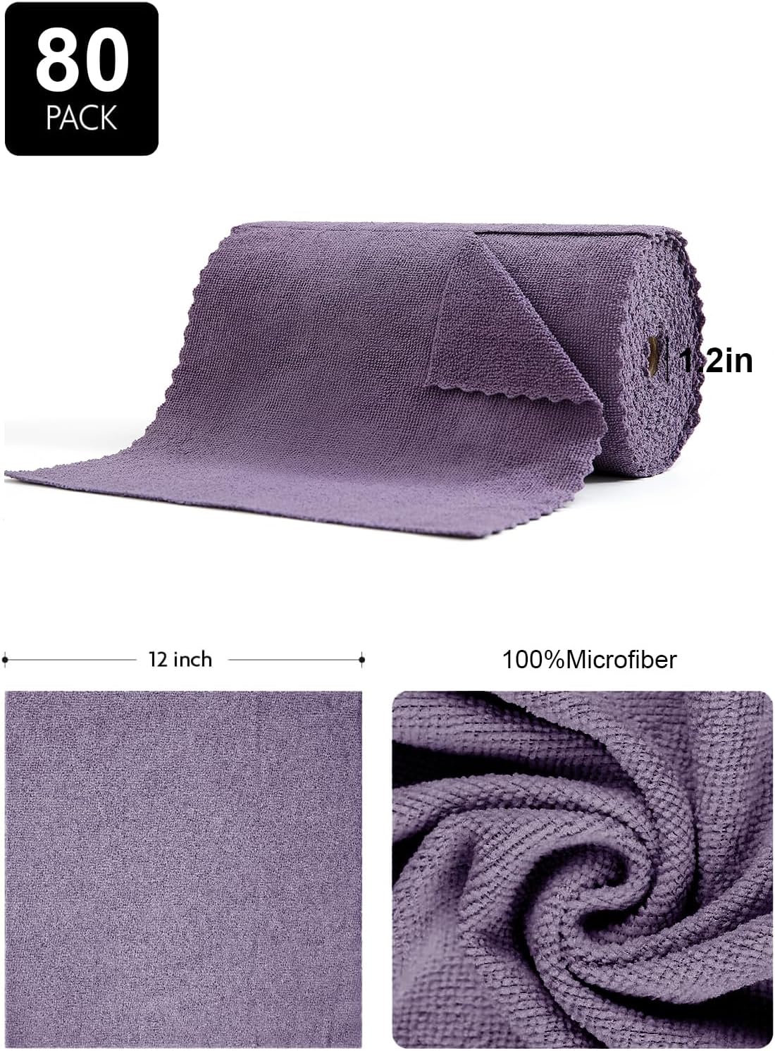 80 Pack Microfiber Cleaning Cloth Roll,Lint Free Rags & Tear Away Reusable Towels Washable Scratch,Ultra Absorbent Dish Rags(12" x 12") for Car Kitchen Home Garage-Dark Purple