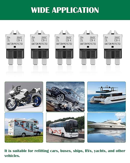 LENKRAD Automotive 25 Amp ATC/ATO Resettable Fuse 25A Manual Reset Standard Blade 25Amp Fuses Manual-Reset Circuit Breaker 25A for Car Truck RV Marine Boat Trolling Motorhome, 5 Pack