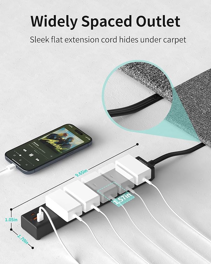 Flat Plug Power Strip, 2 Pack, 6 Ft Ultra Thin Flat Extension Cord, Surge Protector with 5 Outlets & 3 USB Ports (2 USB C Slots), 1700 Joules, 3-Prong, Wall Mount for Home Office Dorm, Black