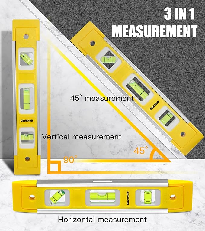 9 Inch Torpedo Level, Magnetic Box Level with 45°/90°/180° Bubbles, Shock Resistant Bubble Level Tool for Measuring - 3 PCS