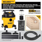 DEWALT Stealthsonic Shop Vacuum Wet and Dry, 5 Gal 4 HP Ultra-Quiet Vacuum Cleaner with Complete Accessory Kit and 6 Bonus Dust Bages - Ideal for Home, Jobsite, Workshop, Garage, Car DXV05P-QTA