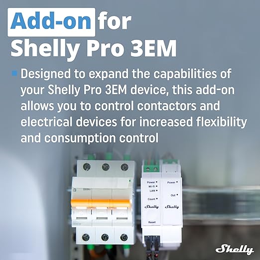 Shelly Pro 3EM Switch Add-On | Add-On Pro 3EM Dry Contacts DIN Rail Mounting | Home Automation | iOS Android app | No Hub Required | Solar Panels | Wind Turbines