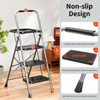 3 Step Ladder, Folding Step Stool with Tool Platform, Wide Anti-Slip Pedal and Anti-Slip Feet, Sturdiest Steel Construction, 600lbs Capacity Steel Ladder for Home Office, Grey