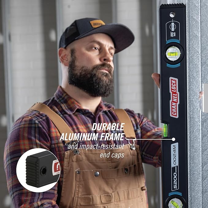 CHANNELLOCK 24-Inch, Professional-Grade Magnetic Aluminum Box Level with Solid Block Acrylic Vials, 5200-0024M