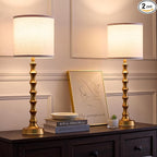 Gold Table Lamp Set of 2 Metal Bamboo Shape Base 29" Rustic Buffet Lamp with Linen White Shade Tall Nightstand Lamps Bedside Nightlights for Living Room Bedroom Guest Room