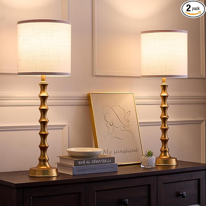 Gold Table Lamp Set of 2 Metal Bamboo Shape Base 29" Rustic Buffet Lamp with Linen White Shade Tall Nightstand Lamps Bedside Nightlights for Living Room Bedroom Guest Room