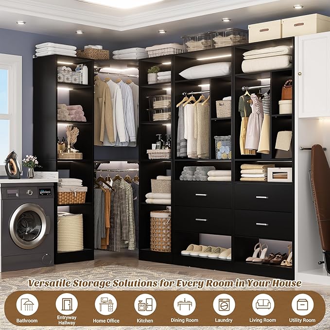 Large Corner Closet System with 3 Sets, 87.2" Closet Organizer System with 4 Drawers & 4 Hanging Rods, Reversible L Shaped Walk-in Closets, Load 2000+LBS, Black (87.2" L x 39.2" W x 80" H)