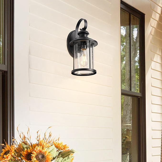 MICSIU Matte Black Outdoor Porch Light Wall Mount, Clear Seedy Glass Exterior Wall Sconce Lighting, 13.75 Inch Outside Light Fxture for House, Entryway, Doorway, Pathway