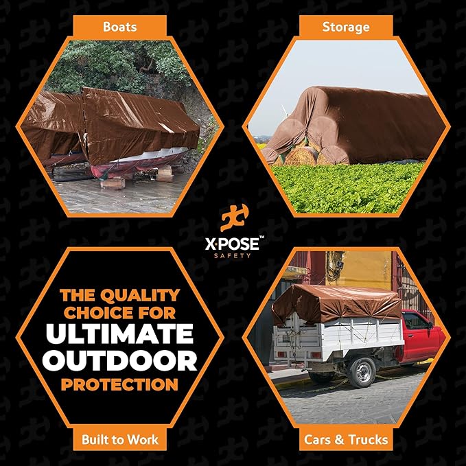 Xpose Safety Super Heavy-Duty 8' x 10' Brown Poly Tarp (2-Pack) - 16 Mil Waterproof & UV Resistant, Rip-Proof with Reinforced Edges & Grommets
