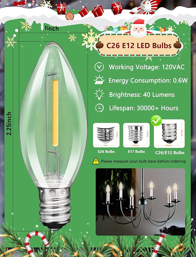 C26 LED Replacement Bulbs, 25 Pack Electric Candle Lamp Light Bulbs, E12 Candelabra Bulb for Window Candles, Chandeliers, Ceiling Fan, Night Light, 2700K Warm White