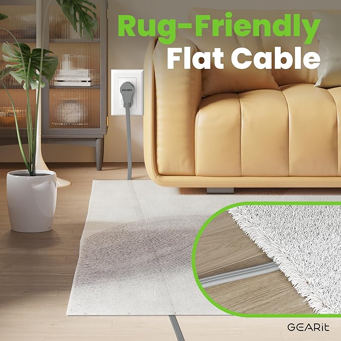 GEARit 360 Rotating Flat Plug Extension Cord with 3 Outlets (15ft, Gray) 16AWG/13A 3 Prong Wire, Outlet Saver for Home Office Dorm Room Essentials, ETL Certified