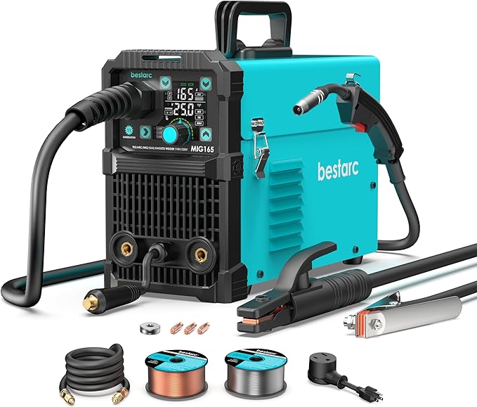 bestarc 165Amp MIG Welder, 110V 220V Flux Core MIG/Lift TIG/Stick 4 in 1 Welder Machine, Large LED Display Welding Machine, IGBT Inverter bestarc Welder MIG165 Soild Gasless Synergy MIG Welder