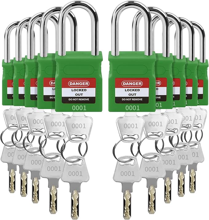Lockout Tagout Locks - 10 Pack Green Loto Locks, Keyed Alike Padlock OSHA Compliant Lock Out Tag Out Lock, Safety Padlocks for Electrical Lockout Tag Out Kits