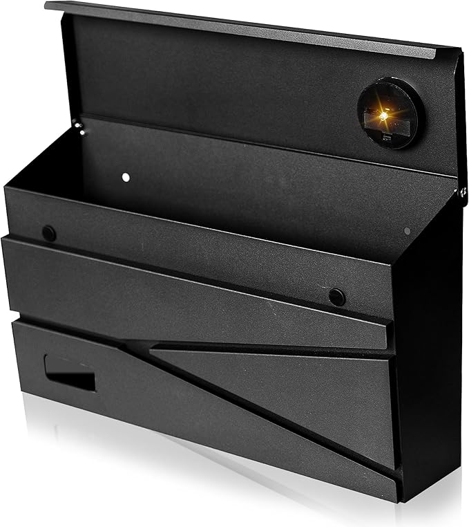 Wall Mount Mailbox, Large Capacity Mailbox for House, Visibility Galvanized Steel Rust-Proof Metal Post Box Drop, Mailboxes for Outside, 15.74"×9.84"×4.33" Solar Lanterns Black