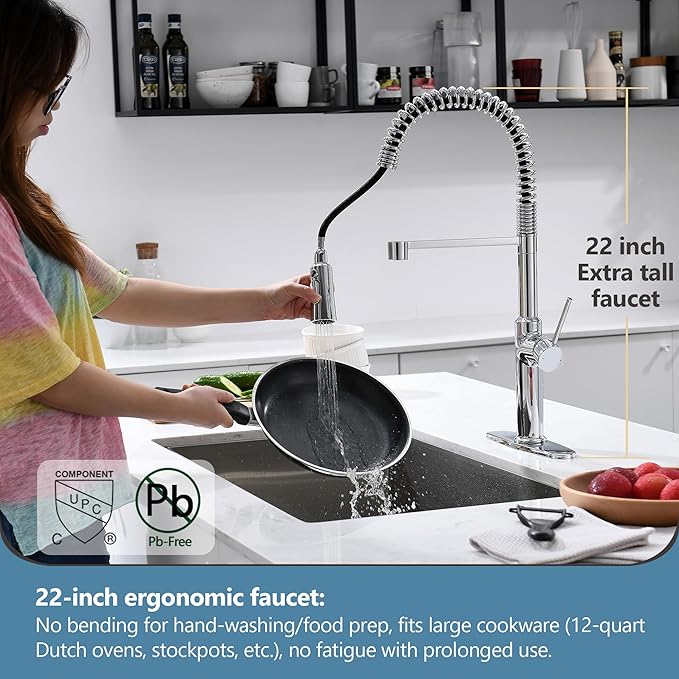 22‘’ Extra-Tall Polished Chrome Kitchen Faucets,Commercial High Arc Single Handle Kitchen Faucets with Pull Down Sprayer for Farmhouse Resist Stainless Professional Pre-Rinse