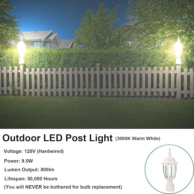 LIT-PaTH LED Outdoor Post Lighting Fixture, Pole Lantern, 9.5W 800 Lumens, 3000K Warm White, Aluminum Housing Plus Glass, Matte White Finish, 2-Pack