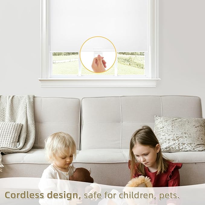 ChrisDowa Cordless Blackout Roller Shades for Windows, Thermal Insulated UV Protection Pull Down Shades, Total Blackout Window Blinds for Home, Office, Bedroom, Door (65" W x 72" H, White)