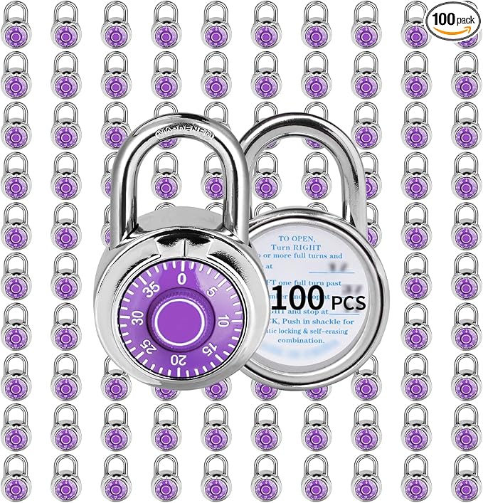 Combination Lock, LQYN Standard Dial Combination Lock, Pack of 100; Purple Turnplate, 2 in. Wide, Fixed Three Digital Combination, for School, Gym & Locker, Toolbox, Gate