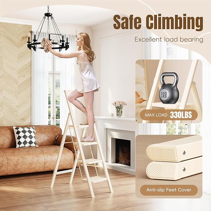 GameGem 4 Step Ladder Folding Step Stool, Foldable Ladder with Ergonomic Heightened Top Grip, Tall Step Ladder with Widened Anti-Slip Pedal for Closet, 330Lbs Load, Fold Thin and Tight, Cream White