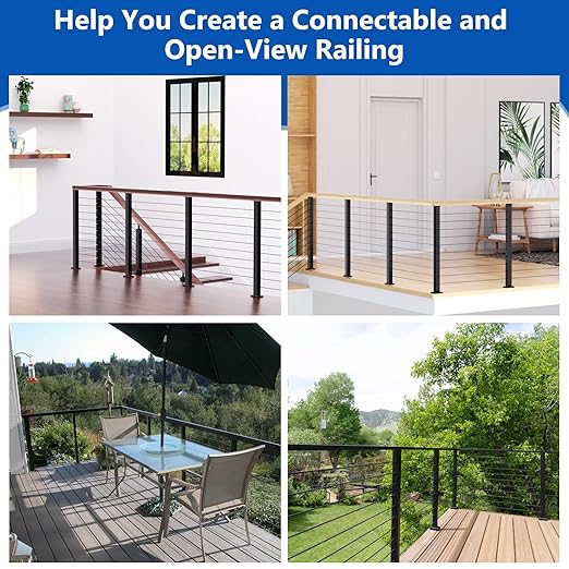 36" T304 T-drilled Cable Railing Corner Post(Post 35"x2"x2"), Three Sides Wire Railing Post with Cable Grommets, Fixed Top Mount Stainless Steel Black Finish Deck Staircase Post