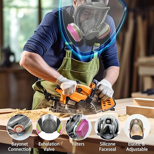 Full Face Respirator Mask with Filter, Cover Organic Vapor Anti-fog mask, Reusable Gas Mask for Spray Paint Chemical Epoxy Resin Dust Mask for Construction, Woodworking, Welding, Polishing, Sanding