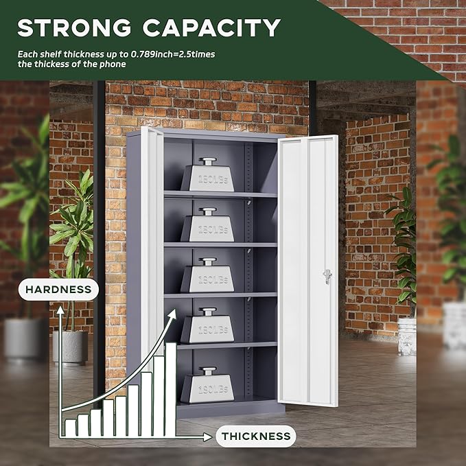 Greenvelly Metal Storage Cabinet with 2 Doors and 4 Adjustable Shelves, Lockable Steel Tool Cabinet for Home, Office, Garage, Classroom (Grey White)