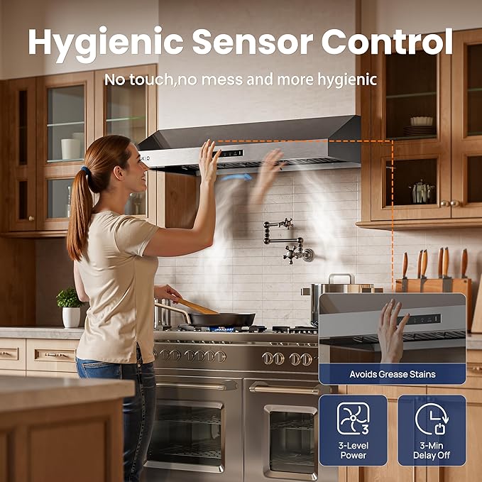 30 inch Range Hood Stainless Steel(PVD), Black Stove Hood with 900 CFM with 1.5 Sones Quiet,3 Speed Exhaust Fan Hood Vents for Kitchen,Under Cabinet Range Hood with GU10 LED Lights