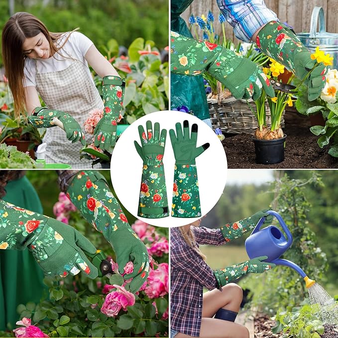 DLY Gardening Gloves,Leather Rose Gloves,Women's Long Glove for Gardening Work and Yard Work,Durable and Comfortable(Large, Green