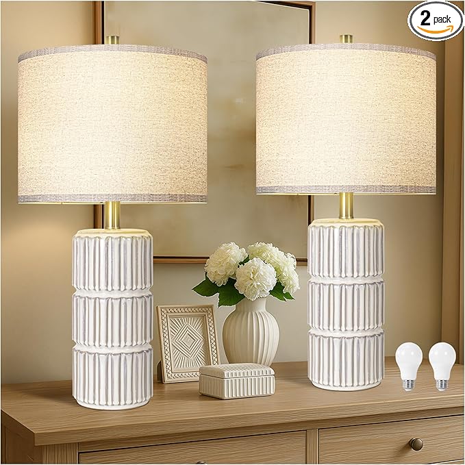 23.5" Ceramic Table Lamp Set of 2, Table Lamps for Living Room, Bedside Lamps with 3-Way Dimmable Bulb, Lamps for Night Stands with Linen Shade, Farmhouse Lamp with Rotary Switch (Bulb Included)