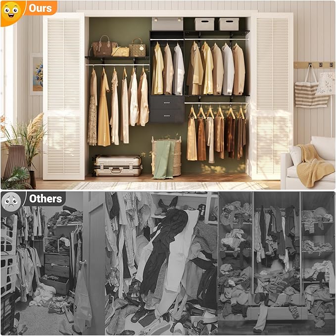 Cyclysio 8 FT Closet System, 96 Inch Closet Organizer with Drawers, Closet Organizers and Storage with 4 Closet Rod and 3 Shelving Towers, Walk-in Closet System for 4-8FT Spaces(Cut-to-Fit), Black