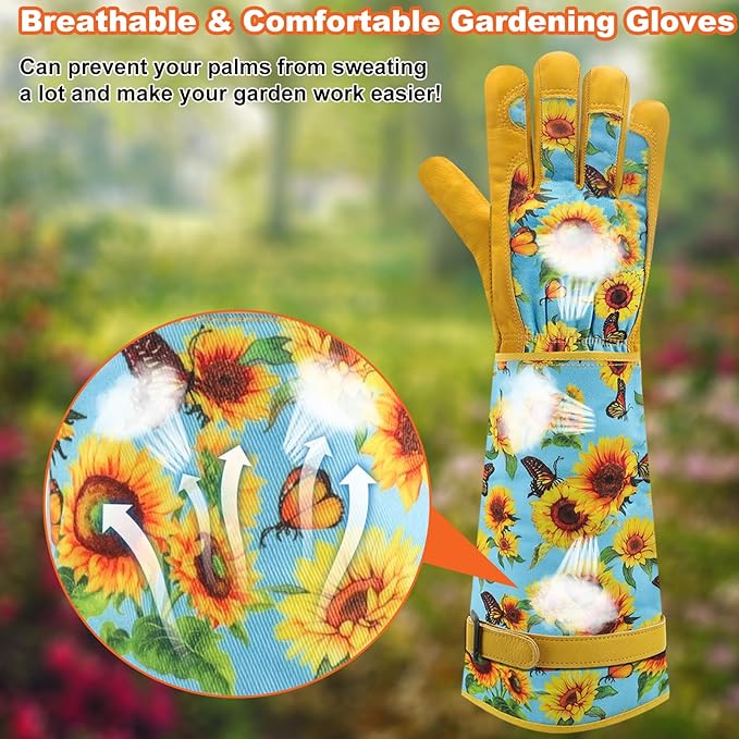 DLY Gardening Gloves for Women, Rose Gloves Gardening Thorn Proof, Long Garden Gloves for Women, Breathable Cowhide Leather Gauntlet (Medium, Blue)