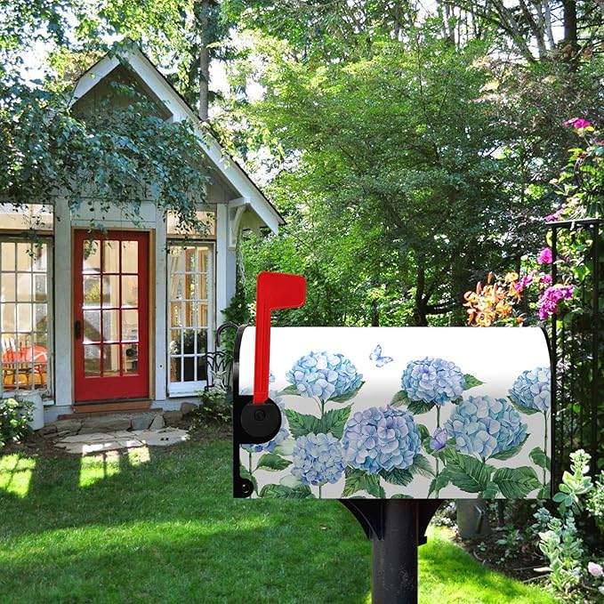 Hydrangea Flowers Magnetic Mailbox Cover Oversized Spring Summer Blue Floral Mailbox Covers Large Size 25.5 x 21 Inch Outdoor Letter Post Box Wraps for Garden Yard Home Decor
