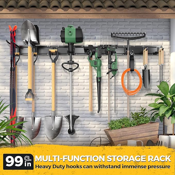 LBT 99" Garage Tool Organizer Wall Mount - 1000lbs Garden Tool Organizer with Adjustable Hooks, Heavy Duty Metal Garage Storage Rack, Anti-Rust Shed Rack Holder Hanging Rake Broom Mower Snowboard