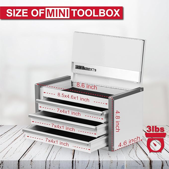 P.I.T. Mini White Tool Box, Portable 3 Drawer Steel Stackable Tool Box with Magnetic Tab Locking, White Micro Top Chest with Liner for Tools Storage and Organizers, Home DIY