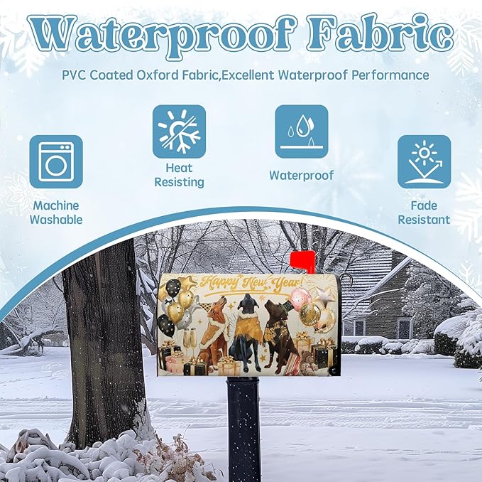 Happy New Year Magnetic Mailbox Covers 21x18 Inch Winter Dogs Balloon Holiday Post Mail Box Cover Standard Size for New Year Garden Outdoor Decor