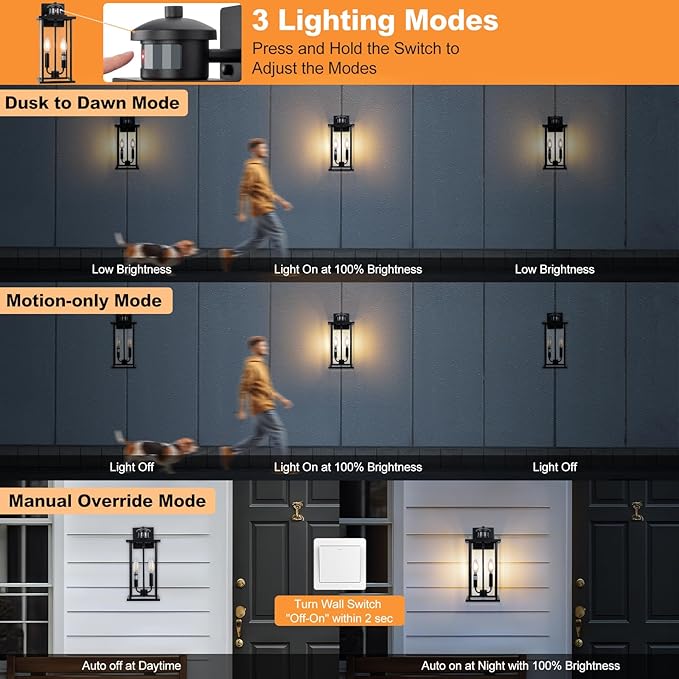 Large Motion Sensor Outdoor Sconce 2-Pack, 16" Black Dusk to Dawn Wall Light, Outdoor Wall Mount Fixtures, 2-Light Exterior Waterproof Wall Lights, Doorway, House Front Door, Patio, Garage