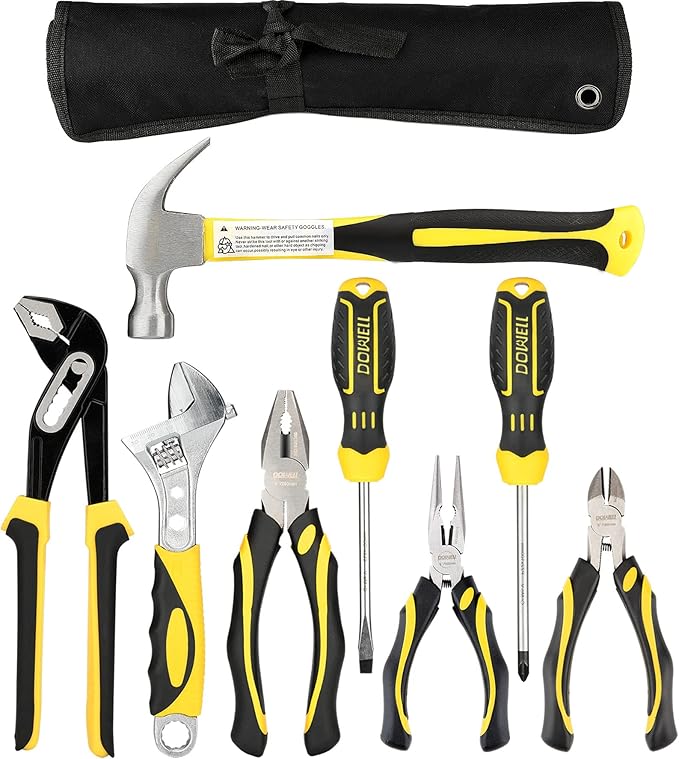 DOWELL Pliers Set - 8pcs, 10/8/6-inch Pliers & Wrench, Hammer, Tool Pouch