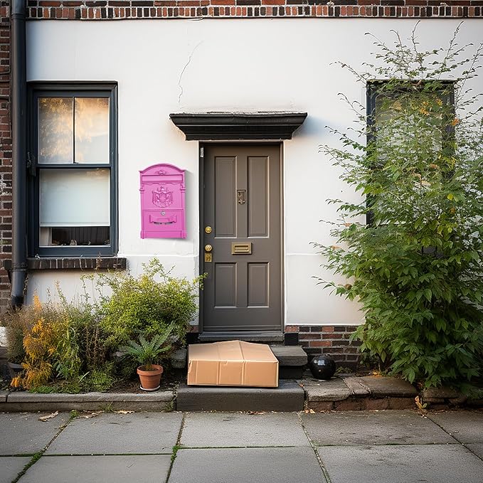 Wall Mount Mailboxes, Rust Resistant Locking Vintage Mailbox for House, Galvanized Steel Outside mailboxes with Key Locks, Barbie Pink