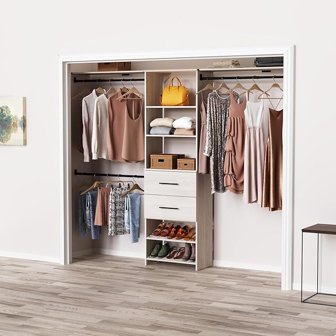 ClosetMaid SuiteSymphony 25-Inch Closet System Tower with (3) Hang Rods, (2) Drawers, (2) Angled Shoe Shelves, and (2) Top Shelves, White Timber