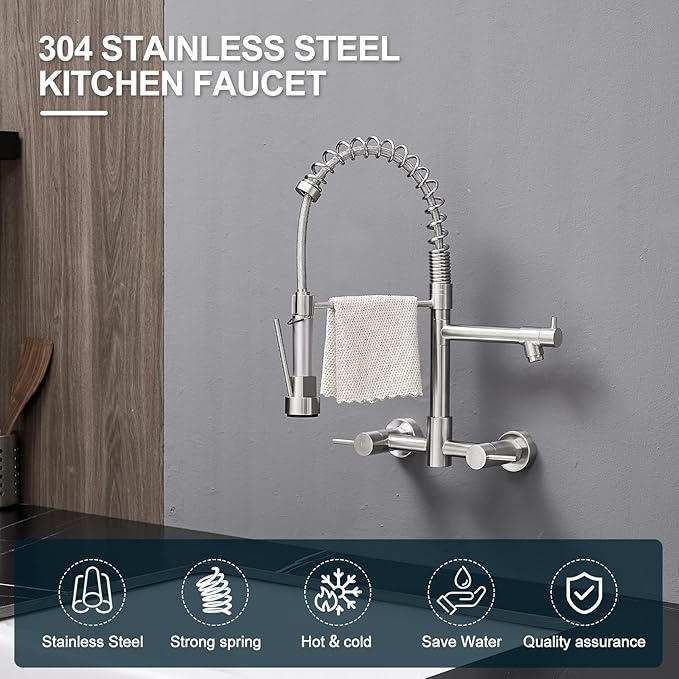 AIMADI Wall Mount Kitchen Faucet,Commercial Sink Faucet with Sprayer, Dual Handles Utility Sink Faucet for Kitchen Laundry Restaurant,Stainless Steel