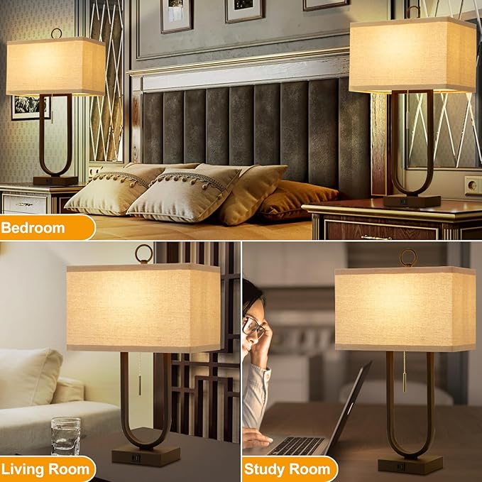 Luvkczc Bedside Lamps Set of 2, 24'' Tall Table Lamps for Night Stands with USB C+A Ports, 3000K LED Bulbs - Modern Desk Lamp for Bedroom, Living Room, Office, Beige Lampshade
