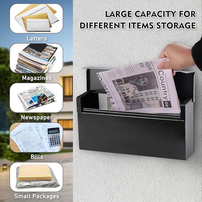 KYODOLED Wall-Mount Mailbox, Large Capacity Mail Box, Mailboxes for Outside, Galvanized Steel Rust-Proof Metal Post Box, 14.56" x7" x4.13" Black