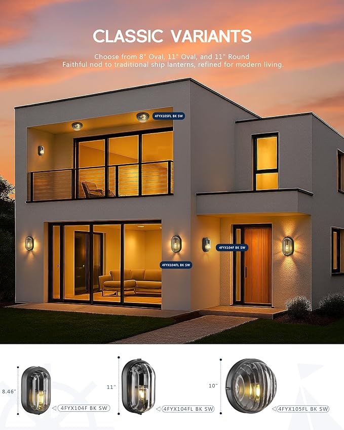 FEMILA 11" Oval Bulkhead Exterior Wall Sconce, 2 Pack Wall Light & Ceiling Flush Mount, Aluminum, Ripple Glass, Front Porch Light for Patio/Garage/Entry, 4FYX104FL-2 BK SW