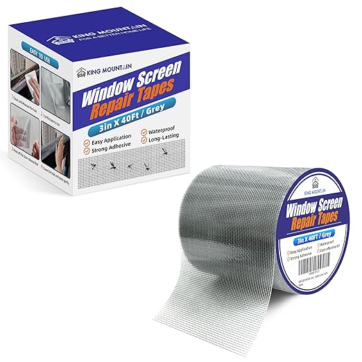 KING MOUNTAIN Grey Window Screen Repair Tape,3inX40FT Heavy Duty Screen Repair Kit for Window Screen and Screen Door Tears Holes,Strong Adhesive & Waterproof Window Screen Patch