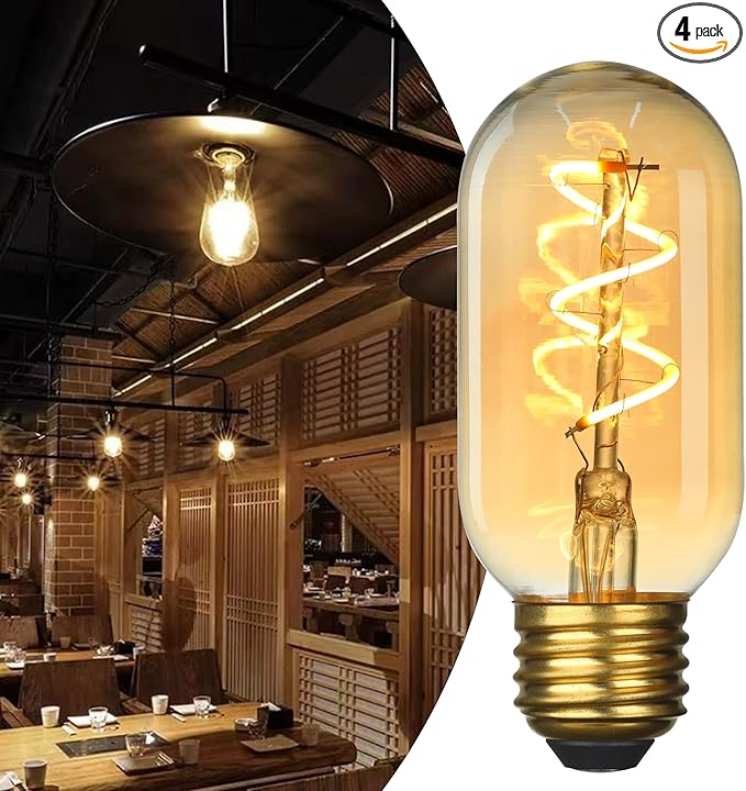 4 Pack T45/T14 LED Light Bulbs, 4W 2700k 550Lm Vintage Edison Bulbs 40 Watt Equivalent, Amber Tube Bulbs Warm Yellow,Decoration Amber Glass Retro Tubular Style Glass Light Bulbs