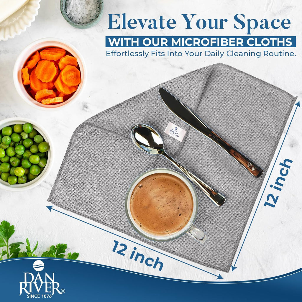 DAN RIVER 12-Pack Gray Microfiber Towels – Ultra Absorbent, Lint-Free & Streak-Free Rags for Home, Car & Kitchen - Must-Have Cleaning Essentials - 12" x 12"