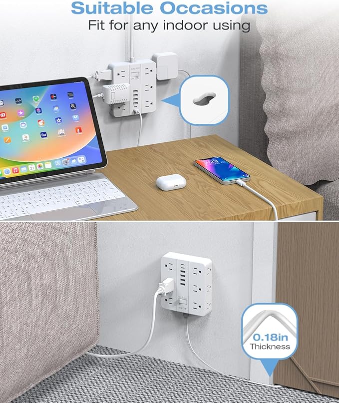 Flat Plug Power Strip, AOFO Surge Protector Flat Extension Cord with 12 AC Outlets and 6 USB(2 USB-C) Ports,Multiple Outlet Wall Plug 5FT Extension Cord for Home Office, Dorm Room Essentials